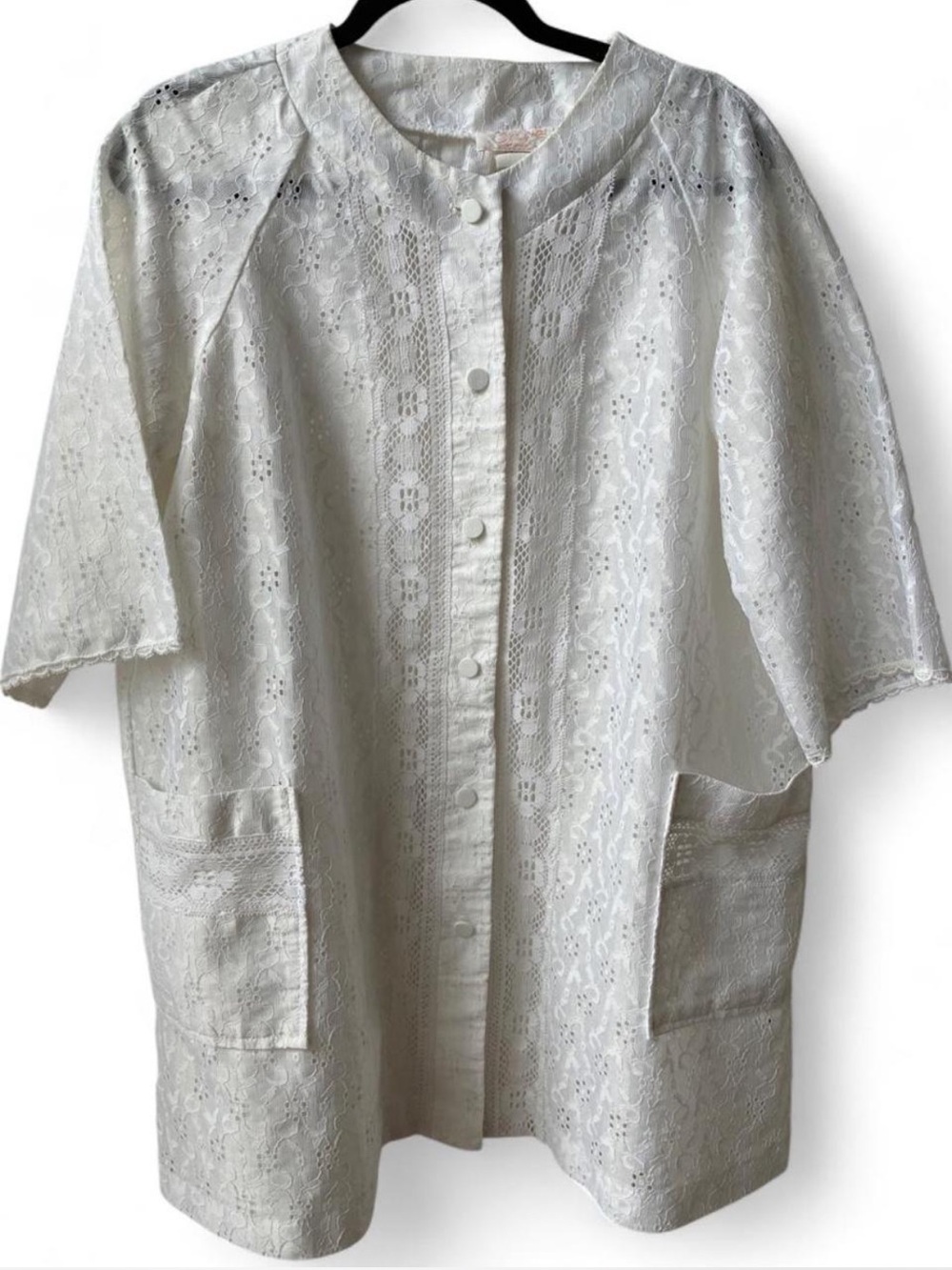 Rare Vintage dainty eyelet lace swim beach button-up coverup pockets Victorian L